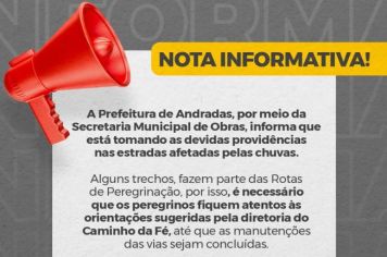 NOTA INFORMATIVA - ATENÇÃO AOS TRECHOS DAS ESTRADAS RURAIS EM MANUTENÇÃO