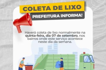 ATENÇÃO! HAVERÁ COLETA DE LIXO NO FERIADO!