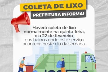 ATENÇÃO! HAVERÁ COLETA DE LIXO NESTA QUINTA-FEIRA, 22 DE FEVEREIRO, ANIVERSÁRIO DE ANDRADAS!