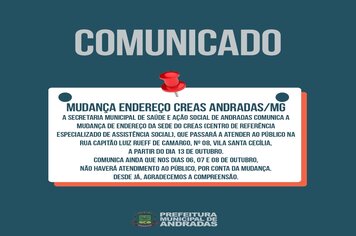 ATENÇÃO! MUDANÇA DE ENDEREÇO DO CREAS!