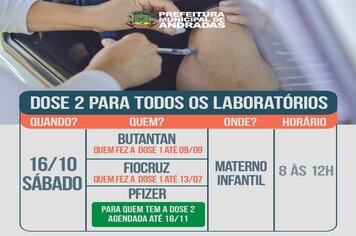 ATENÇÃO! ANDRADAS APLICA SEGUNDA DOSE DA VACINA CONTRA A COVID-19 DE TODOS OS LABORATÓRIOS NESSE SÁBADO, 16 DE OUTUBRO!