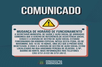 ATENÇÃO! MUDANÇA DE HORÁRIO DE FUNCIONAMENTO!