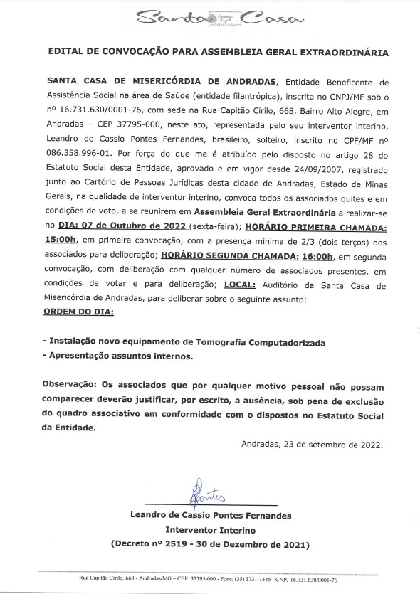 EDITAL DE CONVOCAÇÃO ASSEMBLEIA GERAL EXTRAORDINÁRIA SANTA CASA