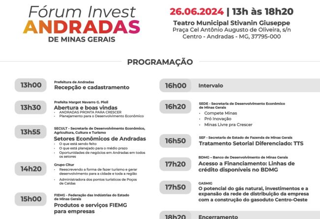 PREFEITURA DE ANDRADAS PROMOVE EVENTO FÓRUM INVEST NA QUARTA-FEIRA, 26 DE JUNHO