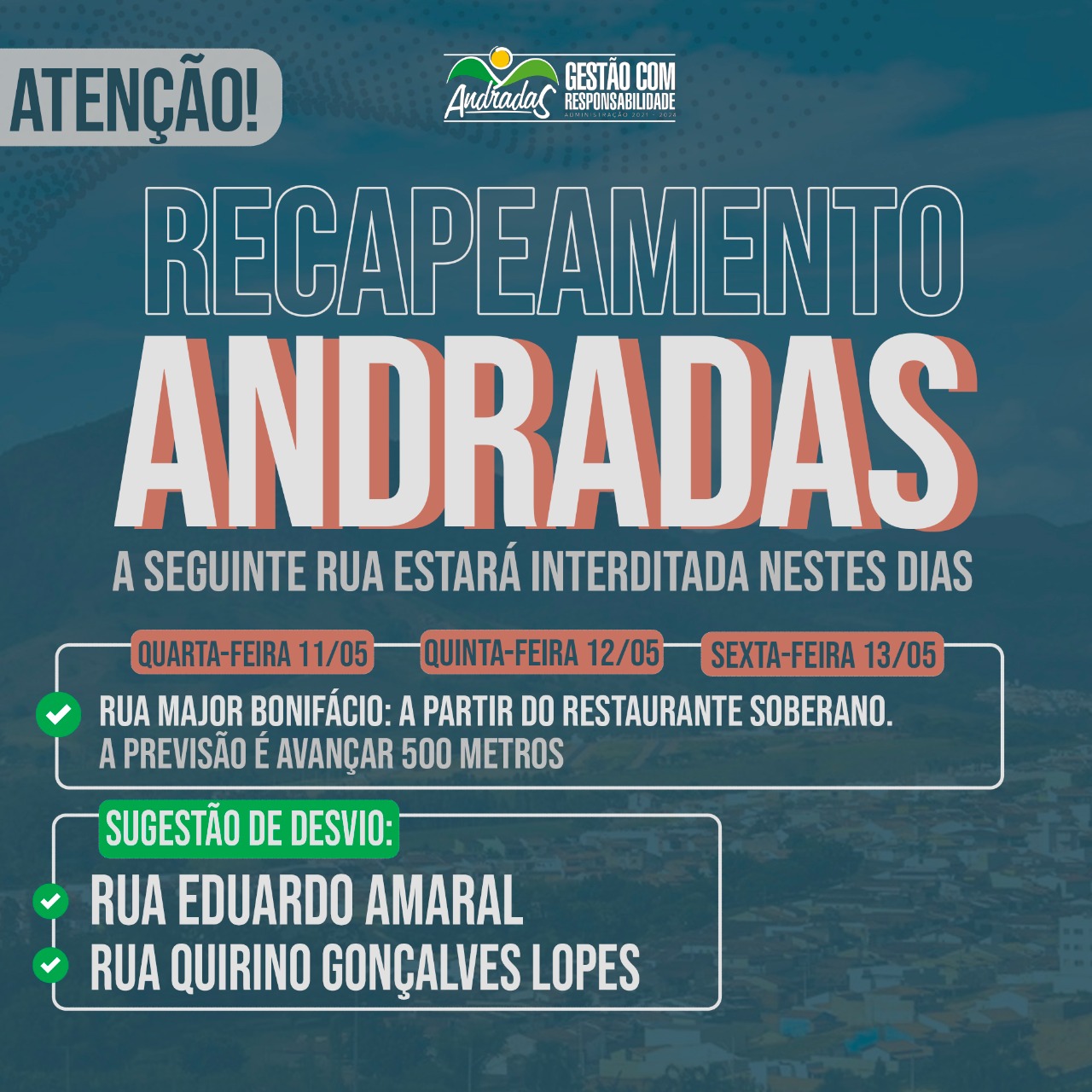 ATENÇÃO! RECAPEAMENTO DA RUA MAJOR BONIFÁCIO SERÁ RETOMADO A PARTIR DESTA QUARTA-FEIRA, 11/05!