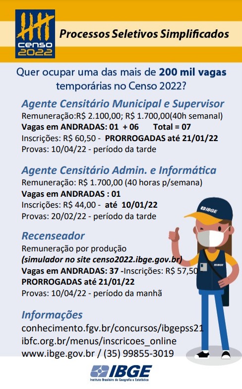 IBGE: INSCRIÇÕES DO PROCESSO SELETIVO SÃO PRORROGADAS E HÁ VAGAS DE TRABALHO TEMPORÁRIO PARA ANDRADAS E DISTRITO DA GRAMÍNEA