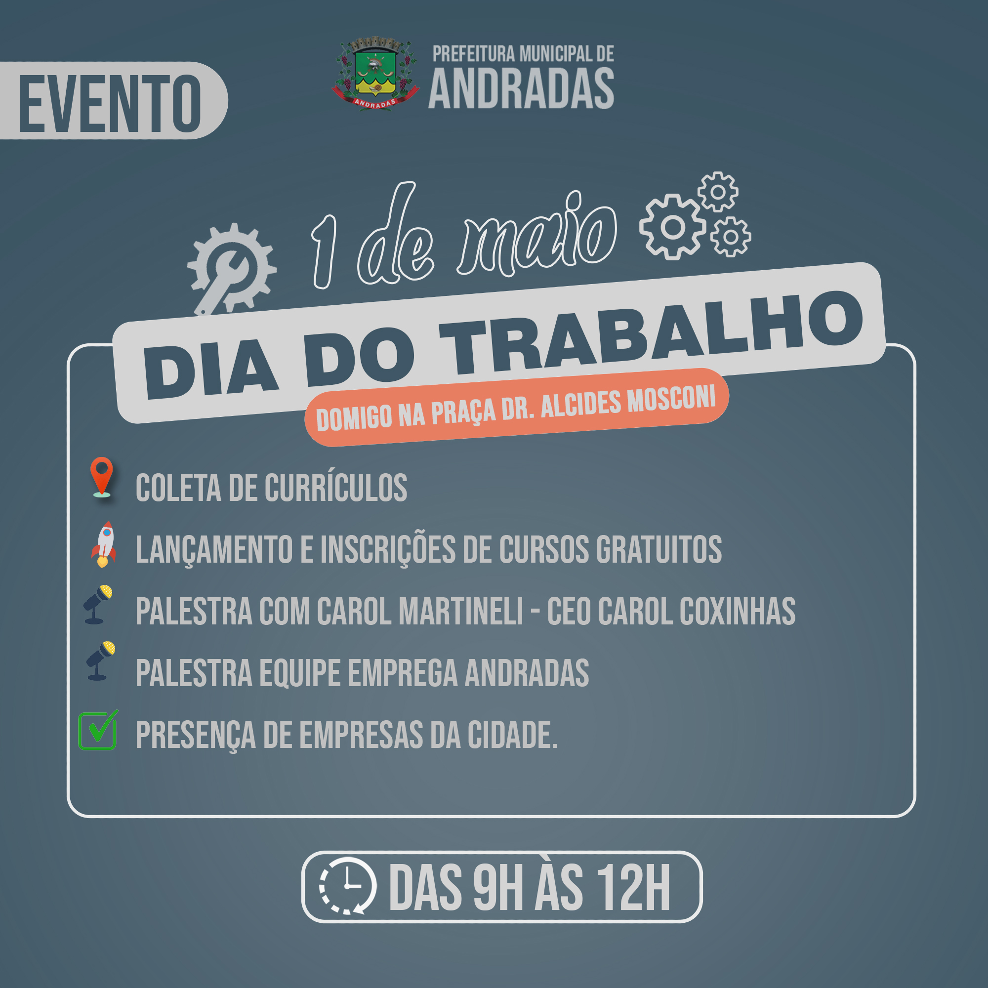 DIA DO TRABALHO, 01 DE MAIO: PREFEITURA PROMOVE EVENTO PARA COMEMORAR A DATA