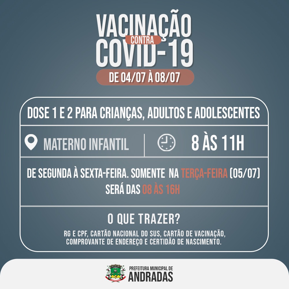 COVID-19: VEJA AS DATAS E LOCAIS PARA SE VACINAR NA PRÓXIMA SEMANA EM ANDRADAS