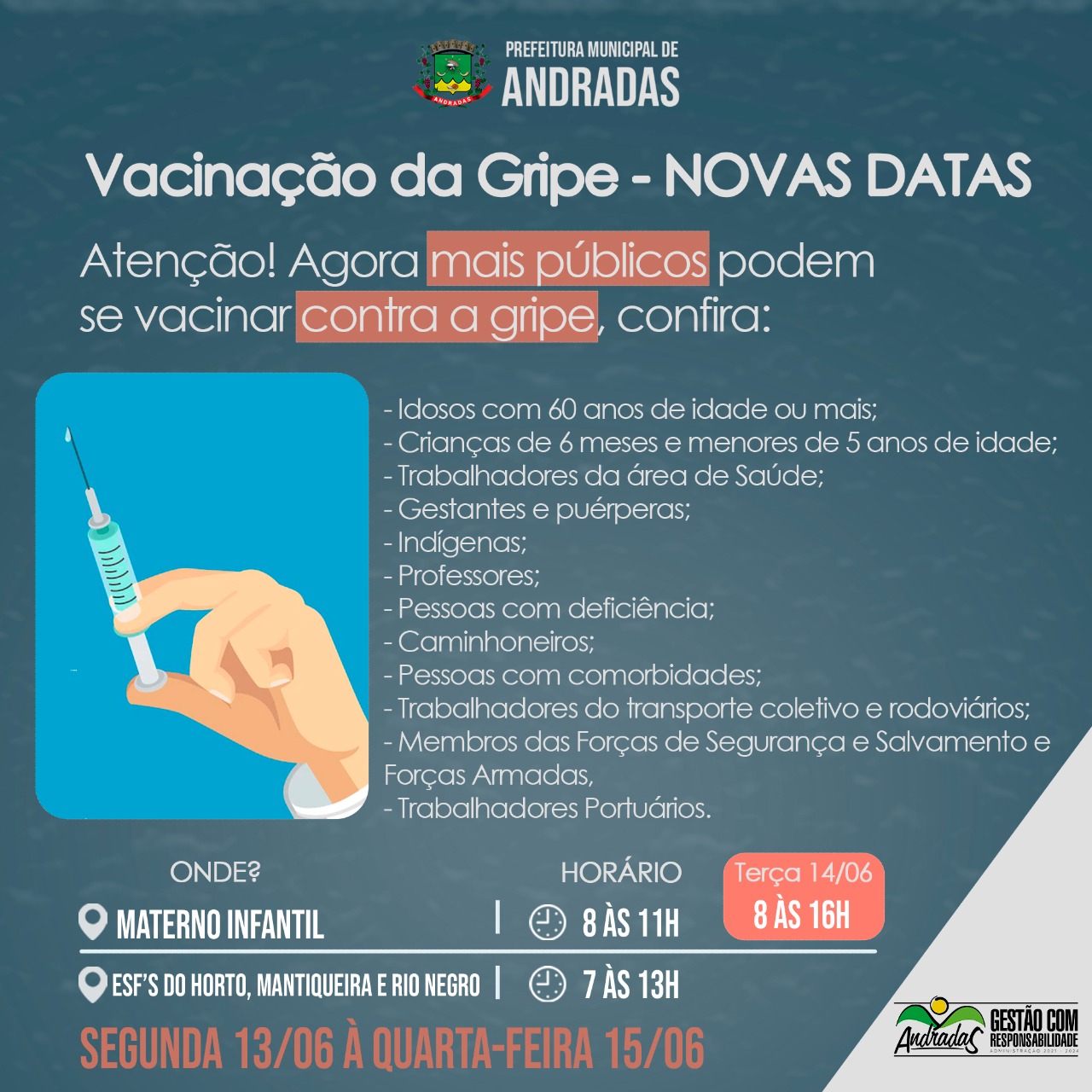 SAÚDE DÁ CONTINUIDADE NA VACINAÇÃO CONTRA A GRIPE E SARAMPO EM ANDRADAS!