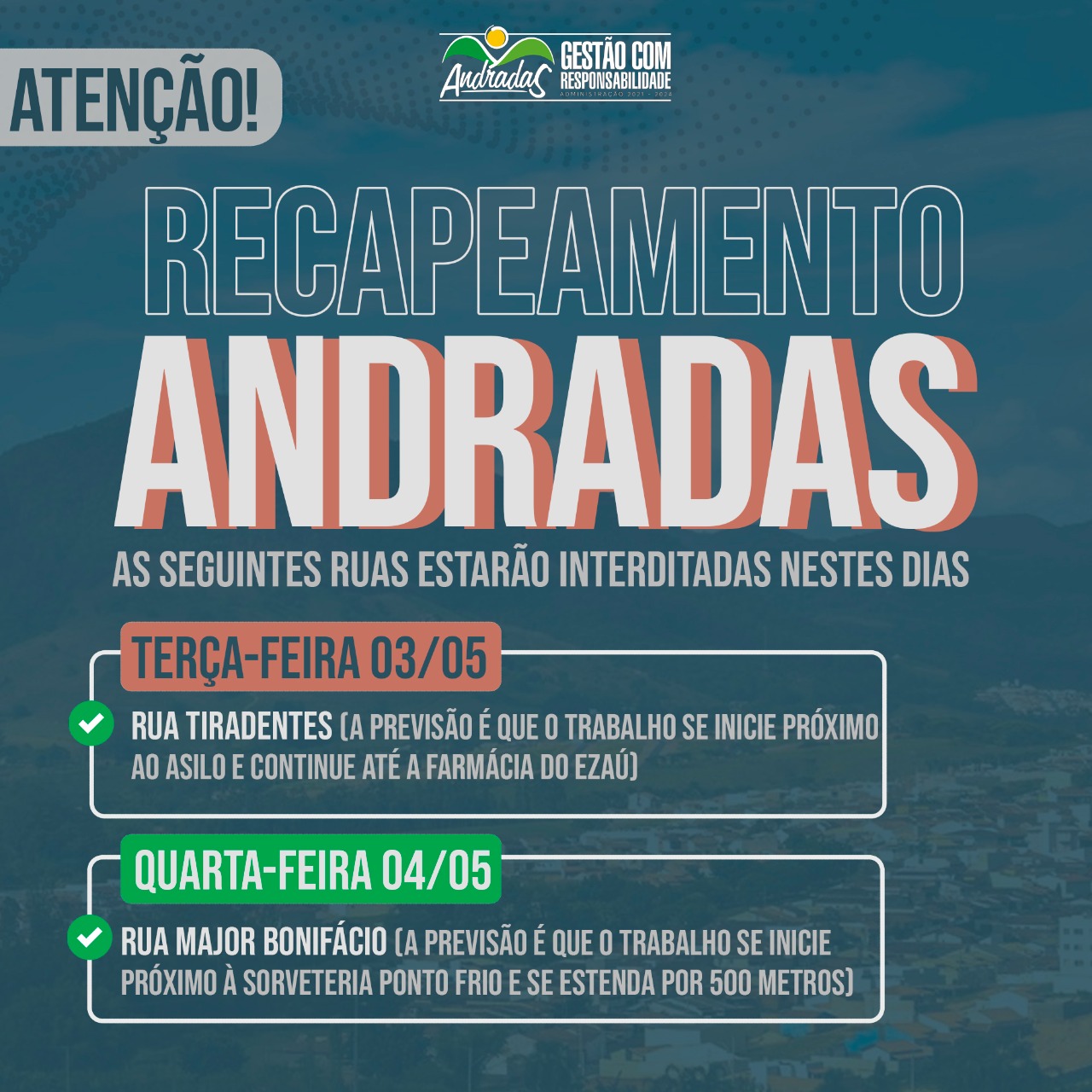 ATENÇÃO! FIQUE ATENTO AOS LOCAIS DE RECAPEAMENTO DA PRÓXIMA SEMANA!