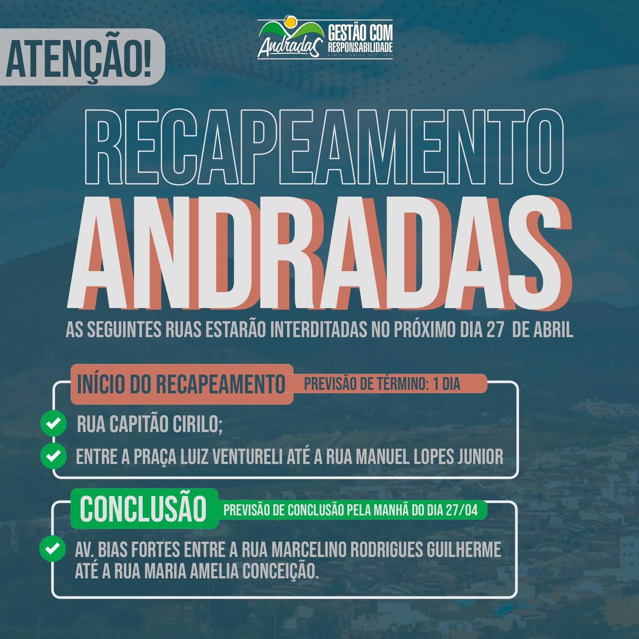 ATENÇÃO! FIQUE ATENTO AOS LOCAIS DE RECAPEAMENTO DESTA QUARTA-FEIRA, 27 DE ABRIL!