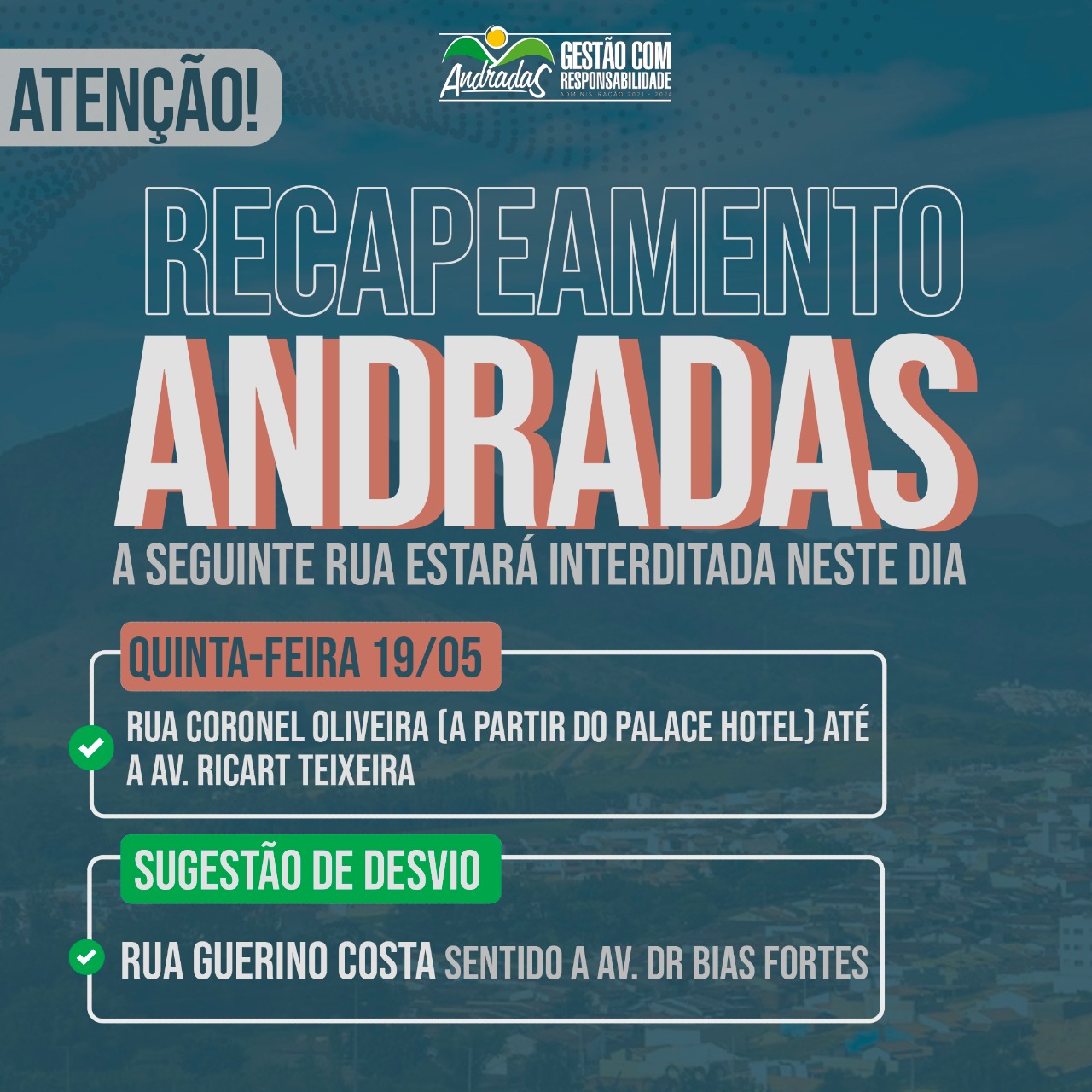 ATENÇÃO! RECAPEAMENTO NESTA QUINTA-FEIRA, 19 DE MAIO!