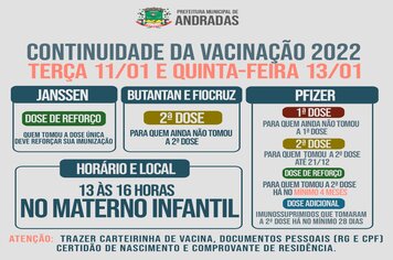 COVID-19: VACINAÇÃO CONTRA A DOENÇA EM ANDRADAS NA PRÓXIMA TERÇA E QUINTA-FEIRA