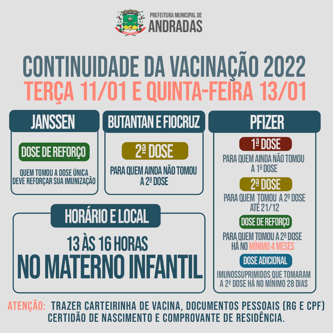 COVID-19: VACINAÇÃO CONTRA A DOENÇA EM ANDRADAS NA PRÓXIMA TERÇA E QUINTA-FEIRA