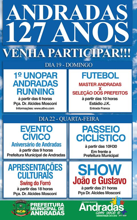 Prefeitura divulga programação do aniversário de Andradas
