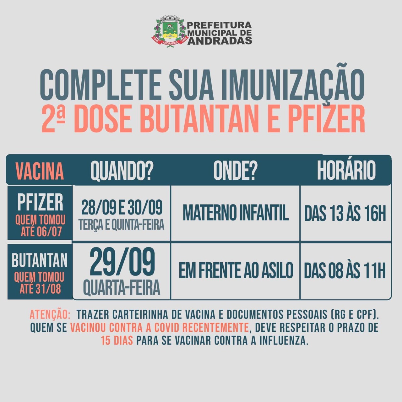 ATENÇÃO! SEGUNDA DOSE DA VACINA CONTRA A COVID-19!